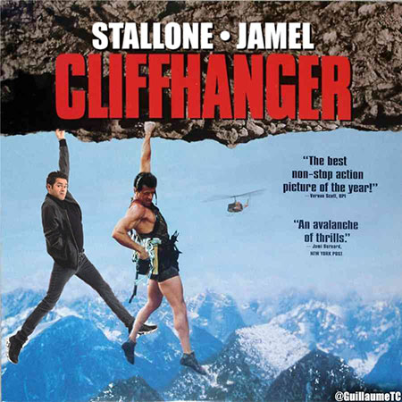 Stallone et Jamel suspendus à un rocher - affiche Cliffhanger