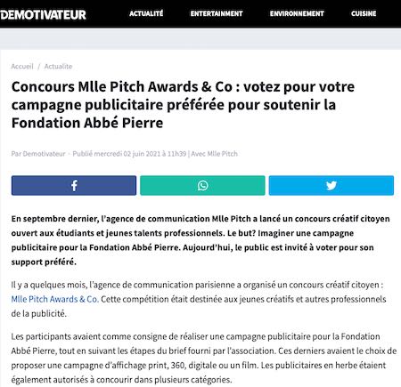 Concours Mlle Pitch Awards &amp; Co : votez pour votre campagne publicitaire préférée pour soutenir la Fondation Abbé Pierre